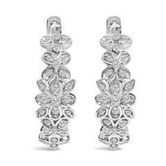 .925 Sterling Silver 1/2 Cttw Diamond Floral Motif Hoop Earrings