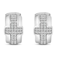.925 Sterling Silver 1/2 Cttw Diamond Cross Domed Huggy Hoop Earrings