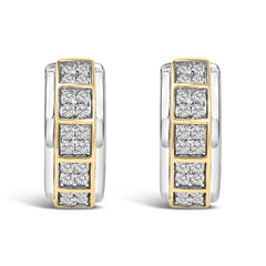 Two Tone .925 Sterling Silver 1/2 Cttw Diamond Square Box Huggie Hoop Earrings