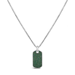 Men's .925 Sterling Silver Created Green Emerald Dog Tag Pendant Necklace - 22" Inches