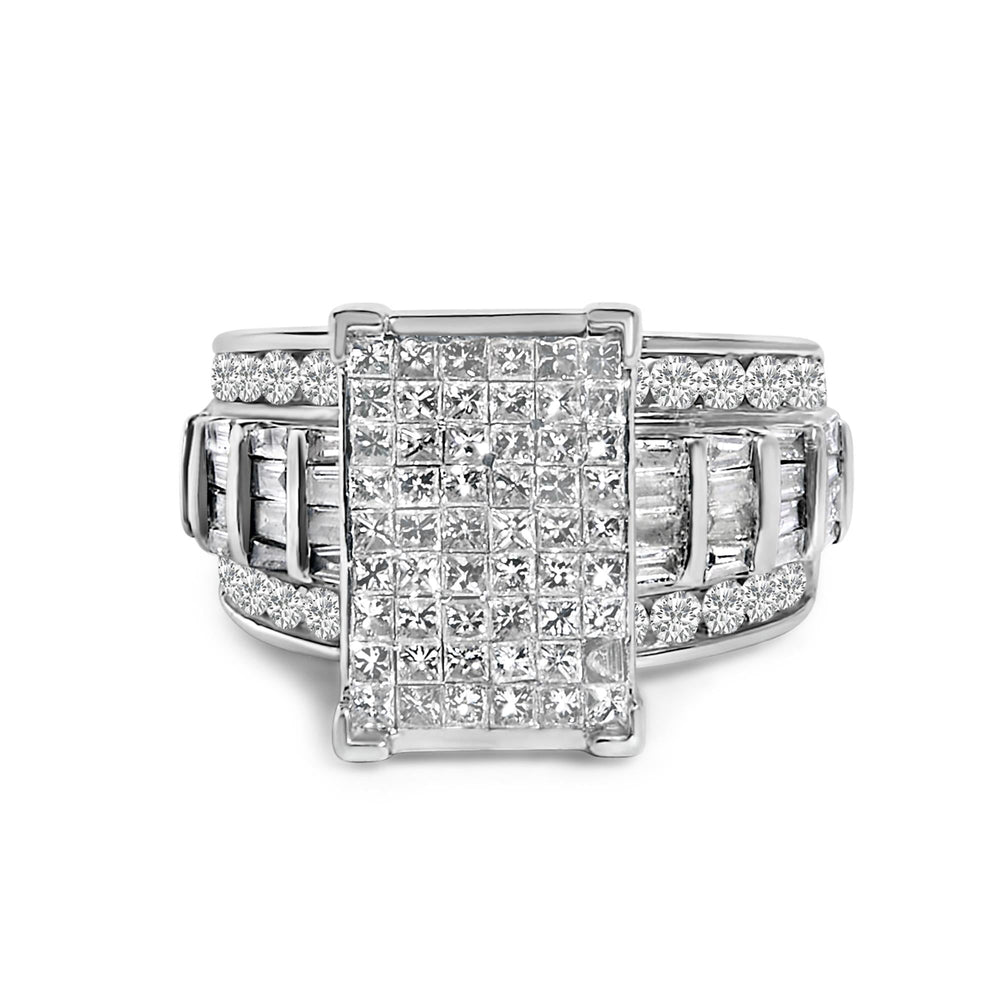 14K White Gold 2.0 Cttw Mixed-Cut Diamond Rectangle Invisible-Set Composite Cluster Ring with Bar- and Channel-Set Band (H-I Color, SI2-I1 Clarity)