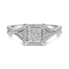 10K White Gold 1/7 Cttw Princess Cut Diamond Composite Head and Beaded Shank Engagement Ring (H-I Color, SI1-SI2 Clarity)