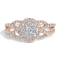 10K Rose Gold 3/4 Cttw Diamond Floral Cluster Head and Twisted Shank Cocktail Ring (H-I Color, SI1-SI2 Clarity)-