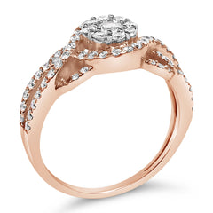 10K Rose Gold 3/4 Cttw Diamond Floral Cluster Head and Twisted Shank Cocktail Ring (H-I Color, SI1-SI2 Clarity)-