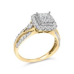 10K Yellow Gold 1.0 Cttw Diamond Composite Cushion-Shape Halo 3-Band-Look Engagement Ring (H-I Color, SI1-SI2 Clarity)