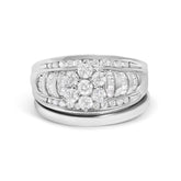 14K White Gold 1.0 Cttw Round and Baguette Diamond Cluster Bridal Set