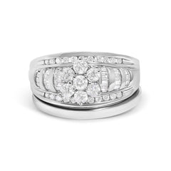 14K White Gold 1.0 Cttw Round and Baguette Diamond Cluster Bridal Set