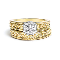 14K Yellow Gold Plated .925 Sterling Silver 1/5 Cttw Diamond Halo and Milgrain Finish Engagement Ring Bridal Set (I-J Color I3 Clarity)