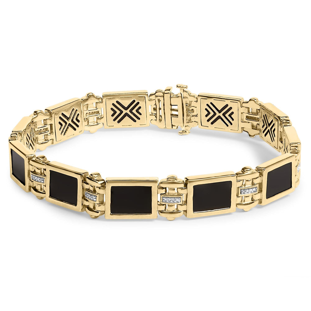 Men's 14K Yellow Gold Plated .925 Sterling Silver 1/10 Cttw Diamond and Black Onyx Panel Link Bracelet