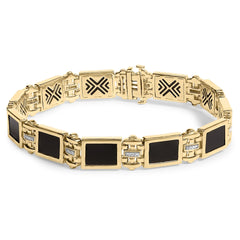 Men's 14K Yellow Gold Plated .925 Sterling Silver 1/10 Cttw Diamond and Black Onyx Panel Link Bracelet