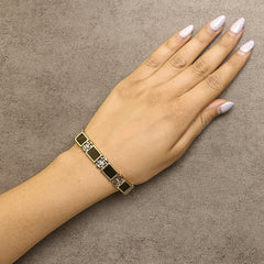 Men's 14K Yellow Gold Plated .925 Sterling Silver 1/10 Cttw Diamond and Black Onyx Panel Link Bracelet
