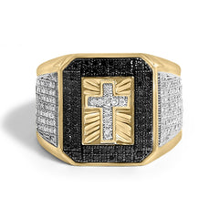 Men's 10K Yellow Gold 1 1/2 Cttw White and Black Diamond Cross Signet Ring
