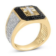 Men's 14K Yellow Gold Plated .925 Sterling Silver 1 1/2 Cttw White and Black Diamond Cross Signet Ring