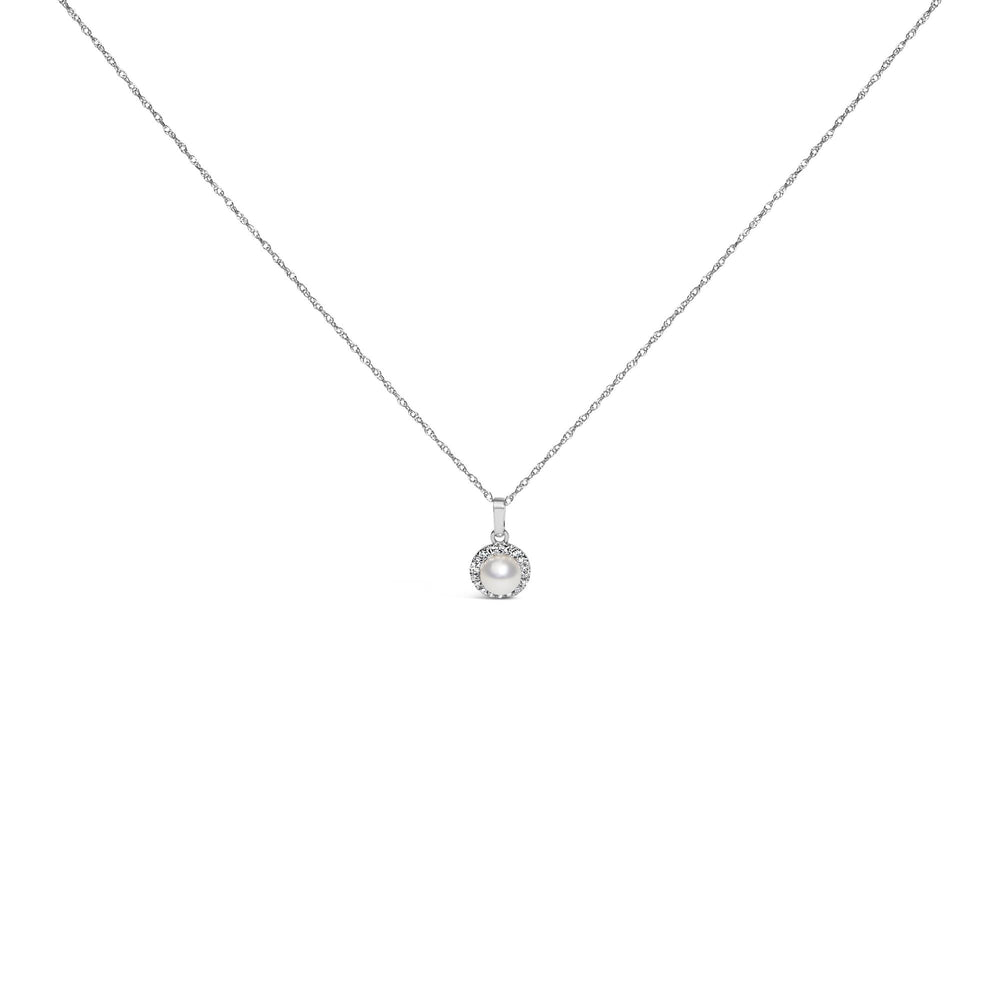 10K White Gold 5MM Cultured Pearl and Diamond Accent Halo Pendant Necklace