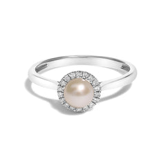 10K White Gold 5MM Cultured Freshwater Pearl and Diamond Halo Ring (I-J Color, I1-I2 Clarity)