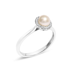 10K White Gold 5MM Cultured Freshwater Pearl and Diamond Halo Ring (I-J Color, I1-I2 Clarity)
