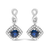 10K White Gold Blue Sapphire and Diamond Halo Cushion Shaped Drop Earrings (I-J Color, I1-I2 Clarity)