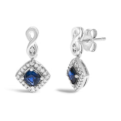 10K White Gold Blue Sapphire and Diamond Halo Cushion Shaped Drop Earrings (I-J Color, I1-I2 Clarity)