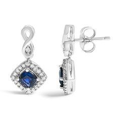 10K White Gold Blue Sapphire and Diamond Halo Cushion Shaped Drop Earrings (I-J Color, I1-I2 Clarity)
