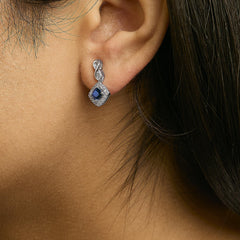 10K White Gold Blue Sapphire and Diamond Halo Cushion Shaped Drop Earrings (I-J Color, I1-I2 Clarity)