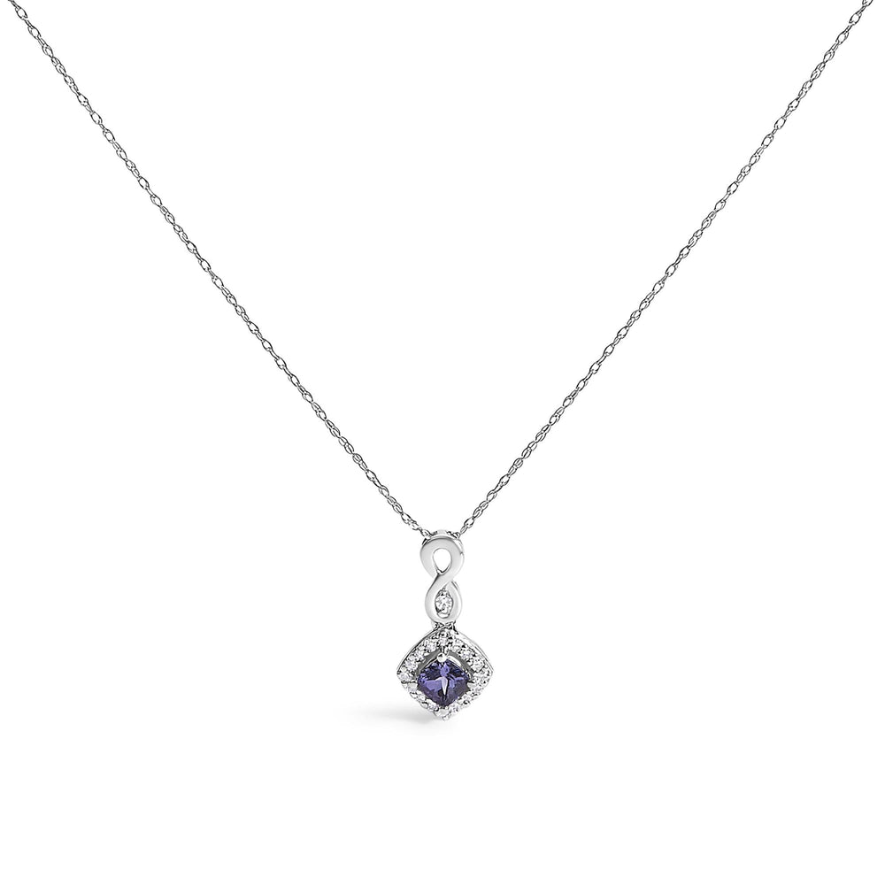 10K White Gold Blue Purple Tanzanite and Diamond Accent Cushion Drop Pendant Necklace - 18" Inches