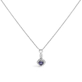 10K White Gold Blue Purple Tanzanite and Diamond Accent Cushion Drop Pendant Necklace - 18" Inches