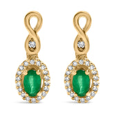 10K Yellow Gold Oval Cut Green Emerald 5x3 mm and 1/7 Cttw Round Diamond Dangle Earrings