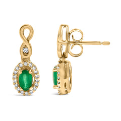 10K Yellow Gold Oval Cut Green Emerald 5x3 mm and 1/7 Cttw Round Diamond Dangle Earrings