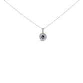 14K White Gold Oval Blue Sapphire and 3/4 Cttw Diamond Halo Pendant Necklace
