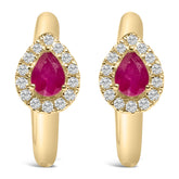 10K Yellow Gold Pear Cut Red Ruby 4x3 mm and 1/10 Cttw Round Diamond Huggy Earrings (I-J Color, I1-I2 Clarity)