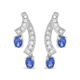 14K White Gold 4x3MM Oval Shaped Natural Blue Tanzanite Gemstone and 1/5 Cttw Diamond Double 3/4" Inch Drop Stud Earrings (H-I Color, VS1-VS2 Clarity)