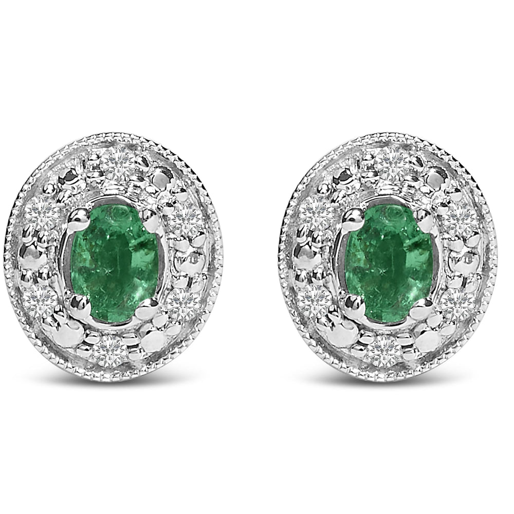 14K White Gold Oval Green Emerald and 1/10 Cttw Diamond Halo Stud Earrings (I-J Color, I1-I2 Clarity)