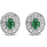 14K White Gold Oval Green Emerald and 1/10 Cttw Diamond Halo Stud Earrings (I-J Color, I1-I2 Clarity)
