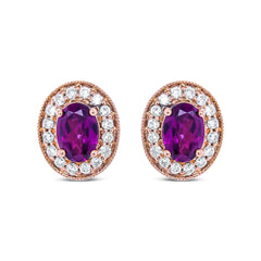 14K Rose Gold 7x5mm Oval Cut Garnet and 3/8 Cttw Round Diamond Halo Stud Earrings (G-H Color, SI1-SI2 Clarity)