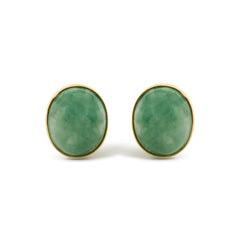 18K Yellow Gold 12x10 MM Bezel Set Oval Green Aventurine Stud Earrings