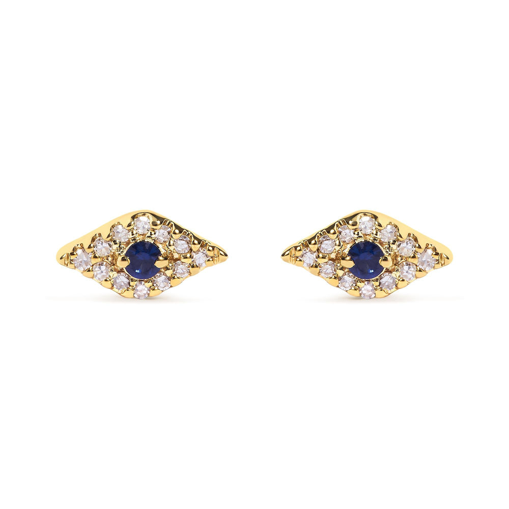 10K Yellow Gold Blue Sapphire and Diamond Accent Evil Eye Stud Earring (H-I Color, I1-I2 Clarity)
