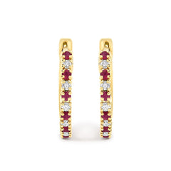10K Gold Alternating Diamond and Red Ruby Huggy Hoop Earrings