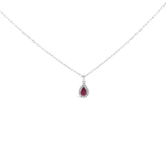 14K White Gold 6x4 Pear Red Ruby and Diamond Halo Pendant Necklace - 18" Inches