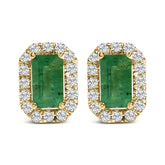 14K Yellow Gold Green Emerald and 1/8 Cttw Diamond Halo Octagonal Shaped Stud Earrings (I-J Color, I1-I2 Clarity)
