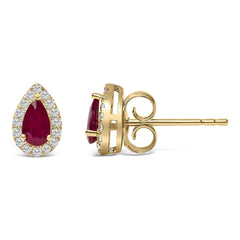 10K Yellow Gold 5X3 MM Pear-Cut Ruby and 1/7 Cttw Diamond Halo Stud Earrings (I-J Color, I1-I2 Clarity)