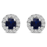 10K White Gold 3.25mm x 3.25mm Round Blue Sapphire and 1/10 Cttw Diamond Halo Stud Earrings (I-J Color, I1-I2 Clarity)