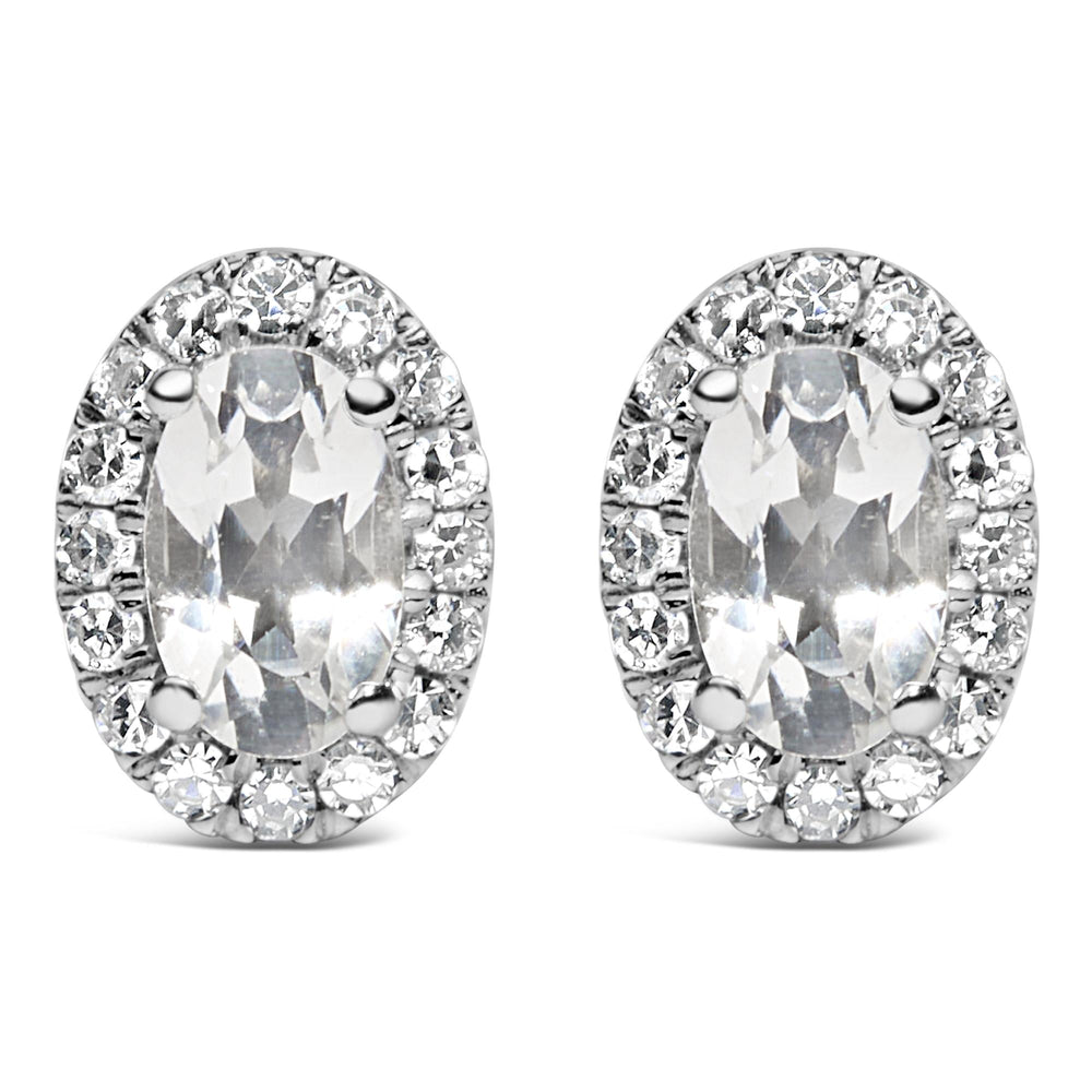 10K White Gold 5x3 MM Oval Cut Birthstone and Diamond Halo Stud Earrings (I-J Color, I1-I2 Clarity)