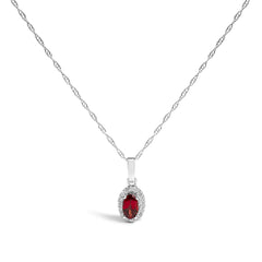 10K White Gold 5x3mm Gemstone and Diamond Accent Halo Oval Shape 18" Pendant Necklace (I-J Color, I1-I2 Clarity)