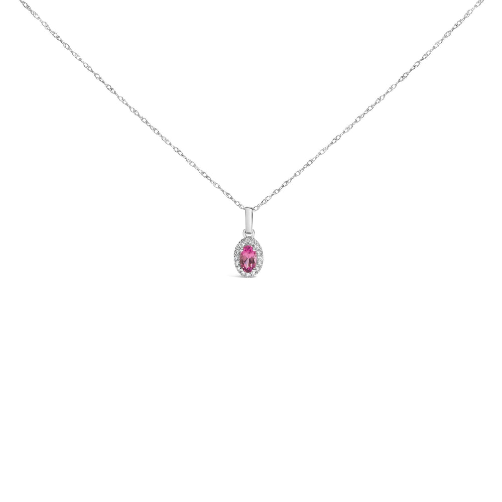 10K White Gold 5x3mm Gemstone and Diamond Accent Halo Oval Shape 18" Pendant Necklace (I-J Color, I1-I2 Clarity)