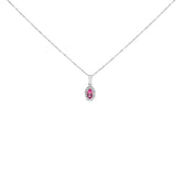 10K White Gold 5x3mm Gemstone and Diamond Accent Halo Oval Shape 18" Pendant Necklace (I-J Color, I1-I2 Clarity)