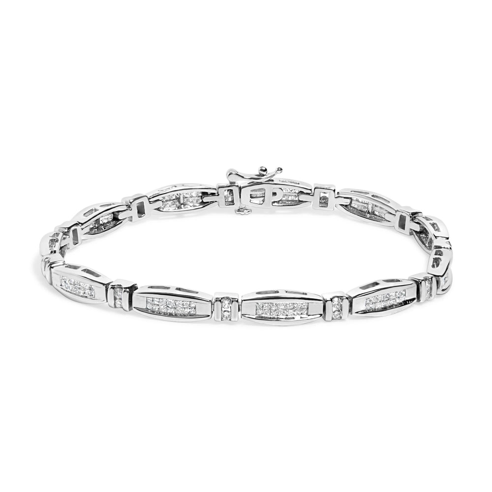 14K White Gold 2.0 Cttw Princess and Round Diamond Bar and Link Bracelet (I-J Color, I1-I2 Clarity) - 7.25" Inches