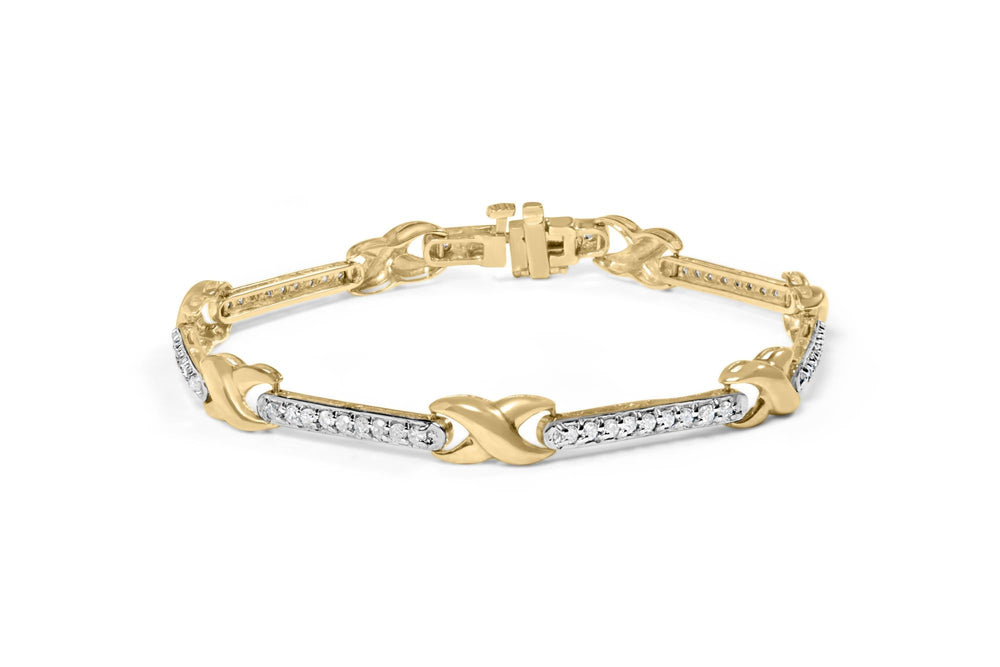 10K Yellow Gold 1.00 Cttw Pave Set Diamond Bar and X-Link 7" Bracelet (I-J Color, I3 Quality)