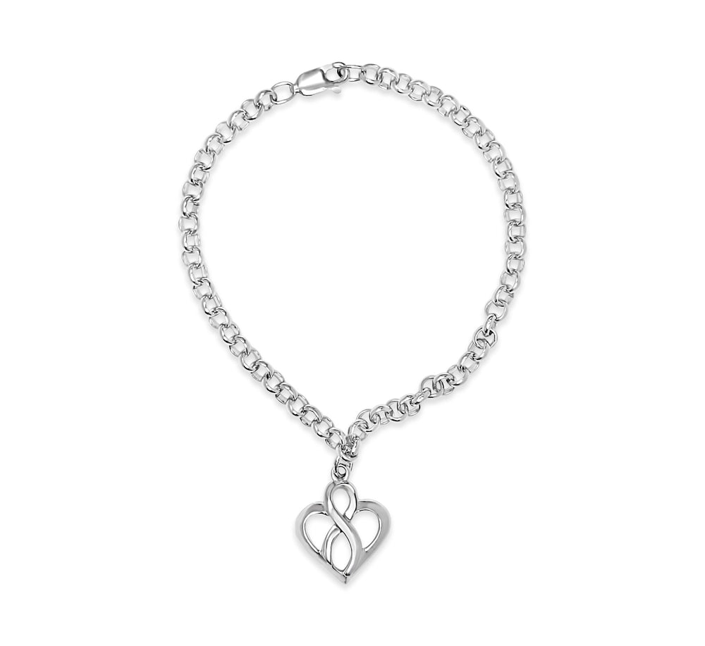.925 Sterling Silver Open Heart with Center Vertical Infinity Chain Charm Bracelet - Size 7"