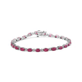 .925 Sterling Silver Oval Ruby and 1/4 Cttw Diamond Link Bracelet - Size 7.25" - (I-J Color, I2-I3 Clarity)