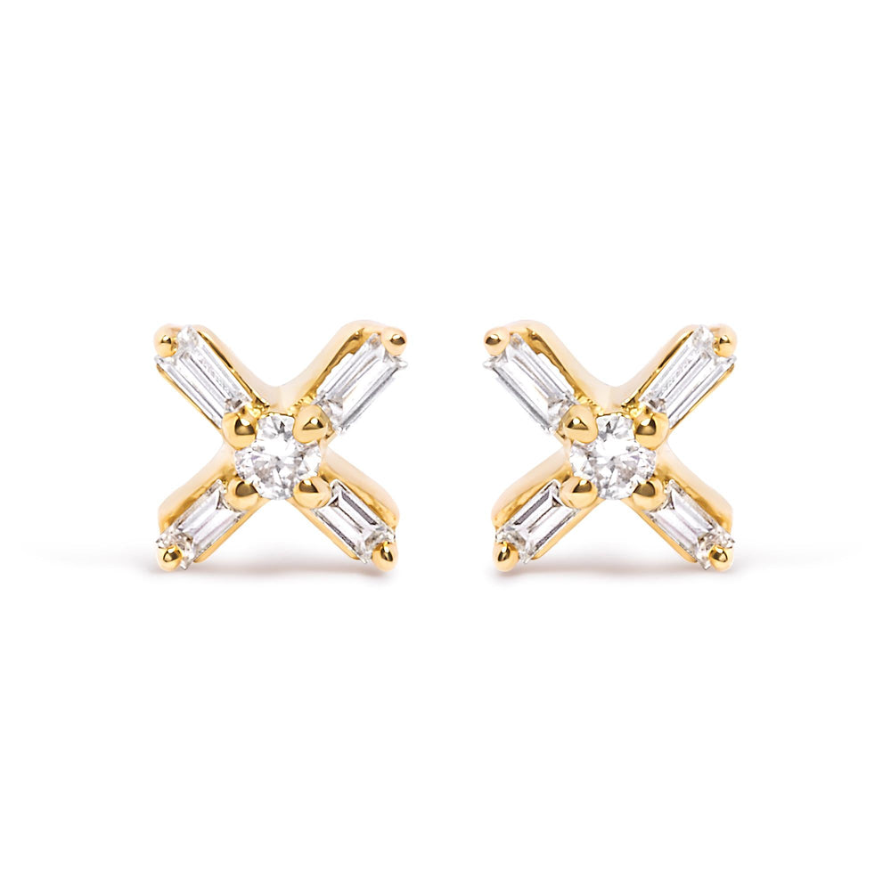 10K Yellow Gold 1/10 Cttw Round and Baguette Diamond Criss Cross X Stud Earring (H-I Color, I1-I2 Clarity)